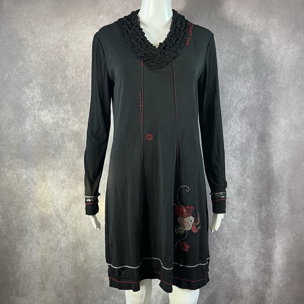 L33 Tunic Dress Women Medium Black Red Embroidered Ruffle Collar Long Sleeve